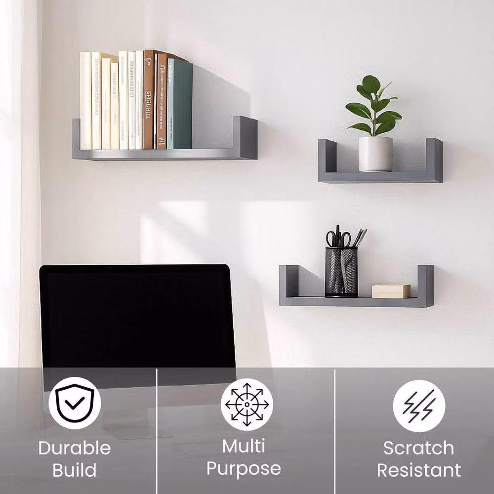 PAWNORA Set of 3 Matt Grey Wall Mounted Floating Shelves – 4