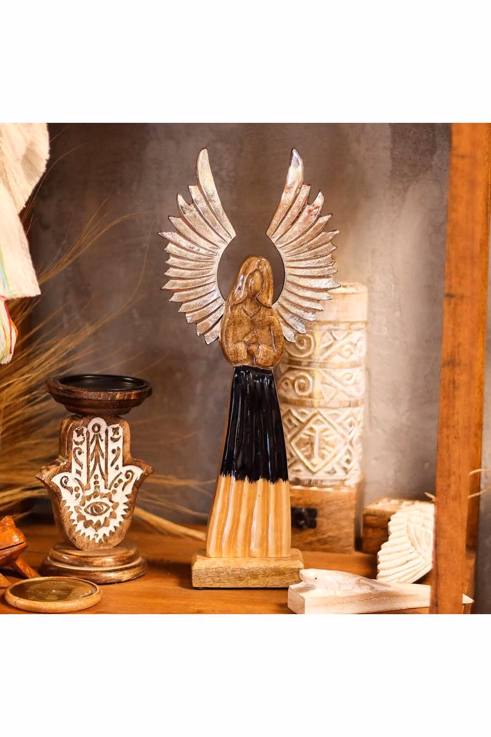 KDMD Large Mango Wood Guardian Angel with Metal Wings and Enamel Detail in Brown, Silver and Black, H 40 cm x W 17 cm x D 5 cm – 3