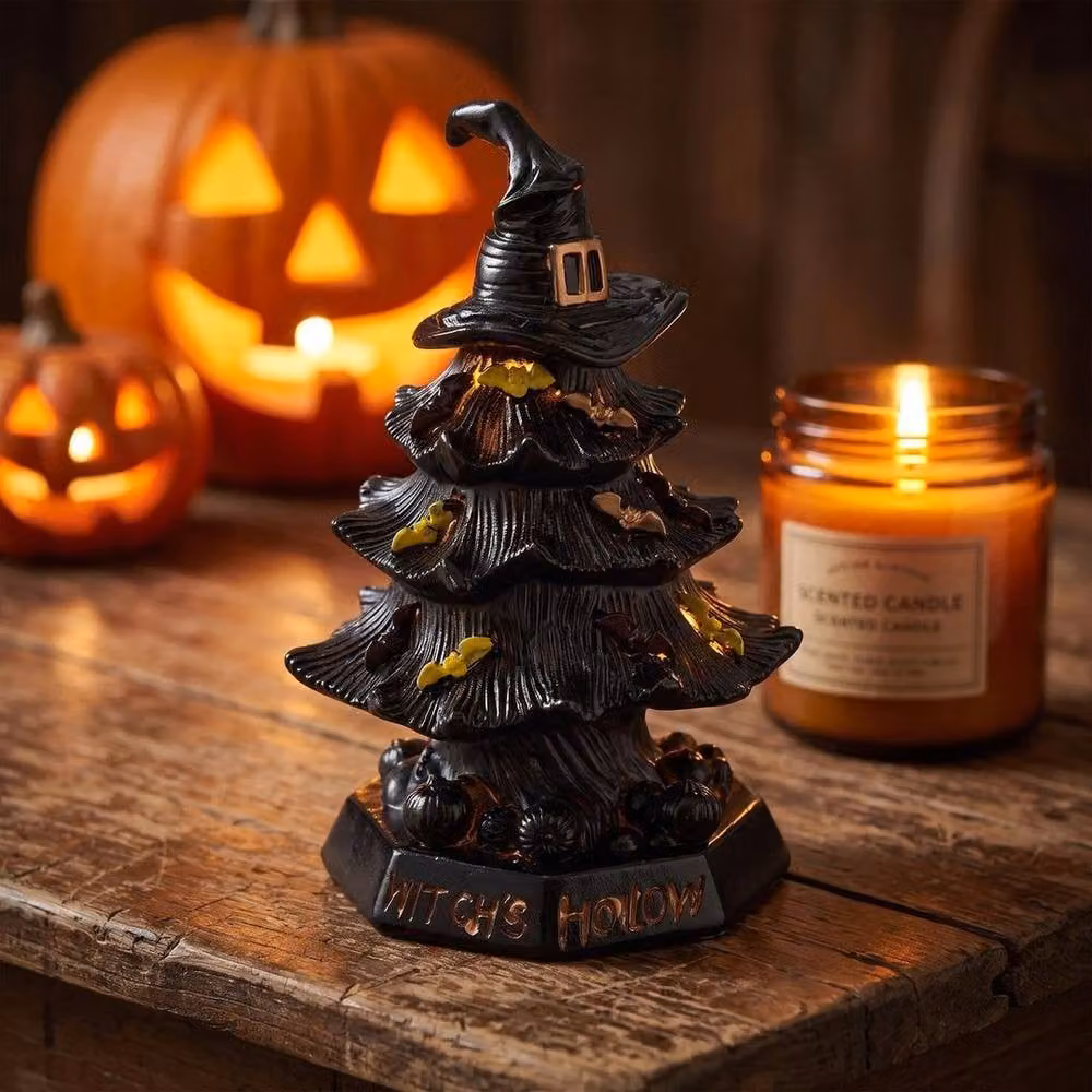 FLAVORA Witch Hat LED Night Light, Black Resin Tabletop Decor, H 100 cm x W 15 cm – 3