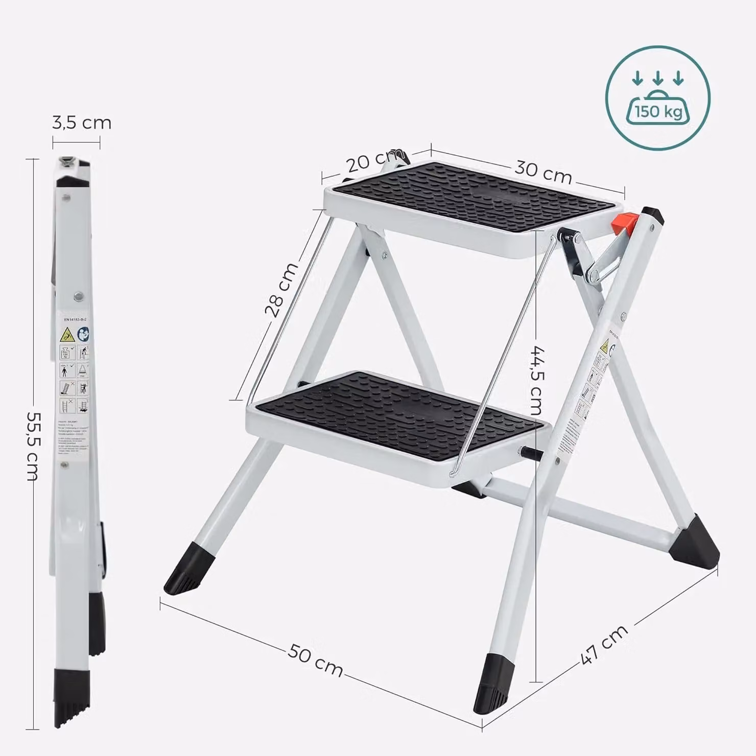SONGMICS Heavy Duty 2-Step Steel Folding Ladder with Anti-Slip Mat in White – 3