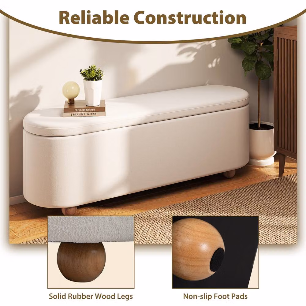 Gymax Oval Storage Bench Ottoman with Flip Top and Rubberwood Legs in White – 9