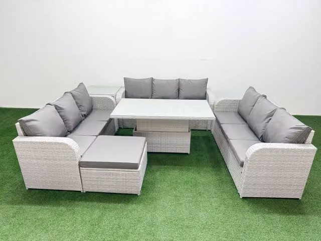 Fimous 10 Seater PE Rattan Outdoor Garden Furniture Set in Grey with Adjustable Lifting Dining or Coffee Table, 3 Seater Sofa and Large Footstool
