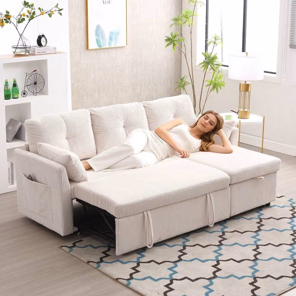 Matteo Beige Corduroy L-Shape Sectional Sofa Bed with Storage Chaise and Reversible Pull-Out Frame, 150 x 200 cm – 2