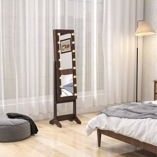 HOMCOM Free Standing Jewelry Cabinet with LED Mirror in Dark Brown