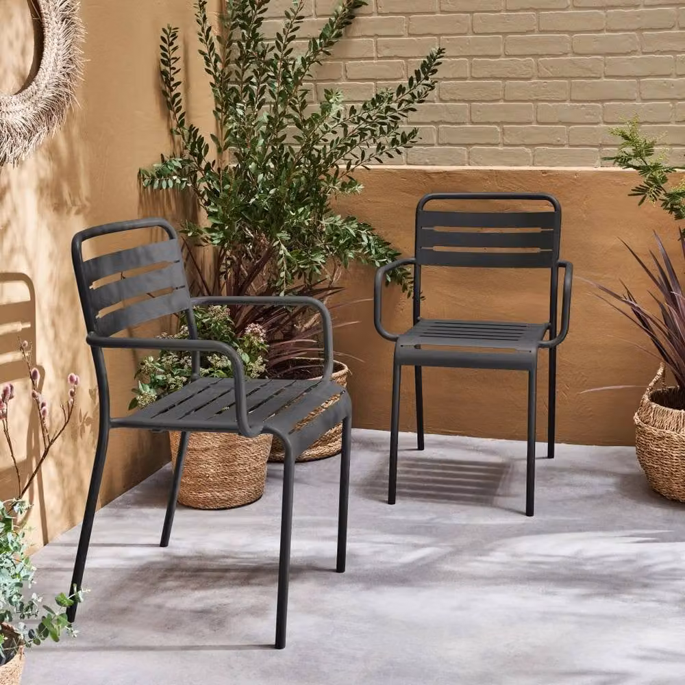sweeek Pair of Stackable Metal Garden Armchairs in Matt Dark Grey, W/D/H: 50.4 x 53.0 x 79.5 cm – 1