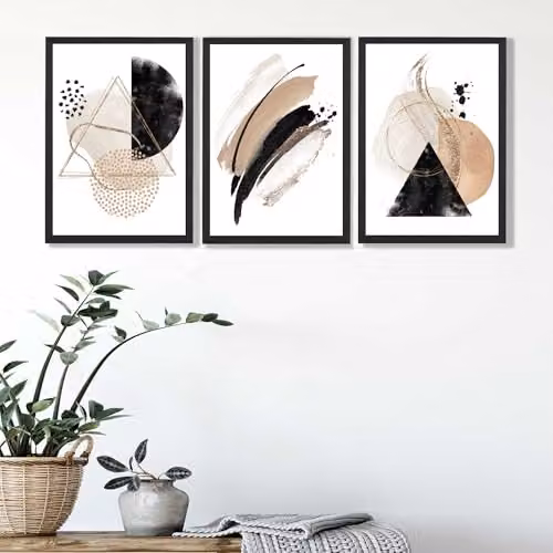 ARTZE Set of 3 Abstract Black and Beige Geometric Framed Wall Art, W: 33 cm, H: 45 cm, D: 2 cm