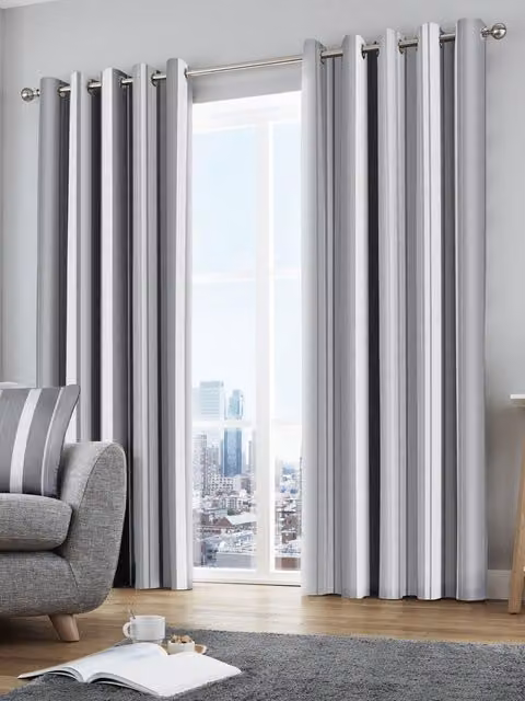 Fusion Whitworth Stripe Grey 100% Cotton Eyelet Curtains, Width: 168 cm, Drop: 137 cm – 1