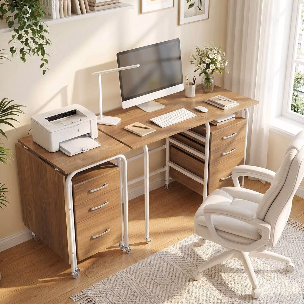 Costway Folding Computer Desk with 3 Drawers in Natural – 3
