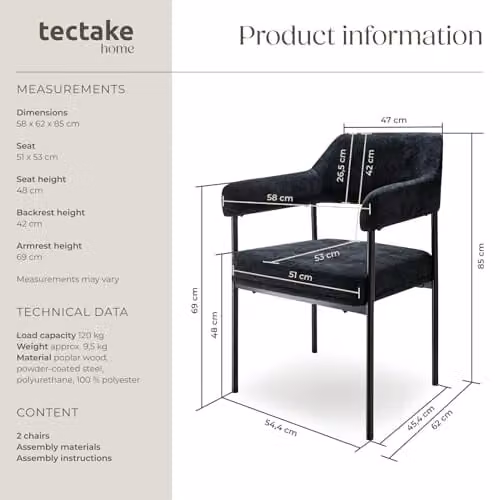 tectake Set of 2 Doe Armchairs in Black Woven Fabric with Metal Legs – 3