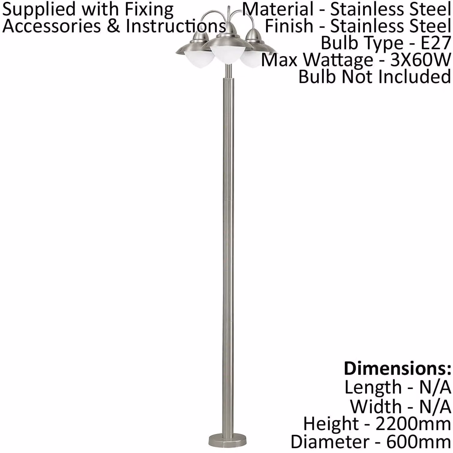 Loops 2 Pack Silver Stainless Steel IP44 Outdoor Bollard Lights with 60W E27 Bulb Compatibility