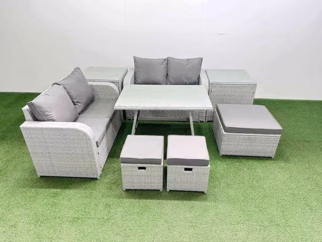 Fimous 7 Seater Rattan Garden Furniture Set in Light Grey