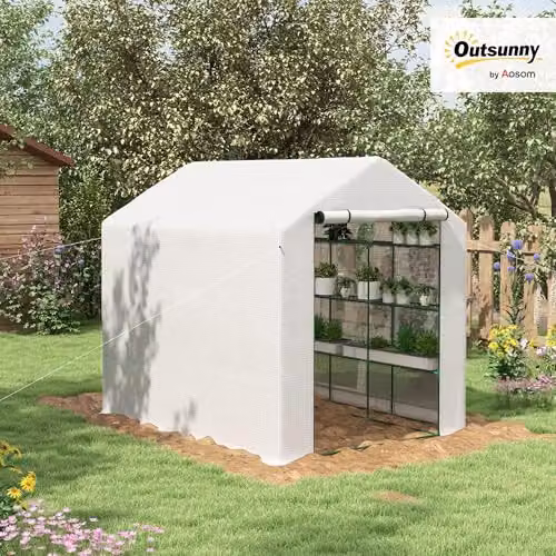 Outsunny Walk-in Gable Greenhouse with Shelving, White, W/D/H: 180 x 180 x 210 cm – 2