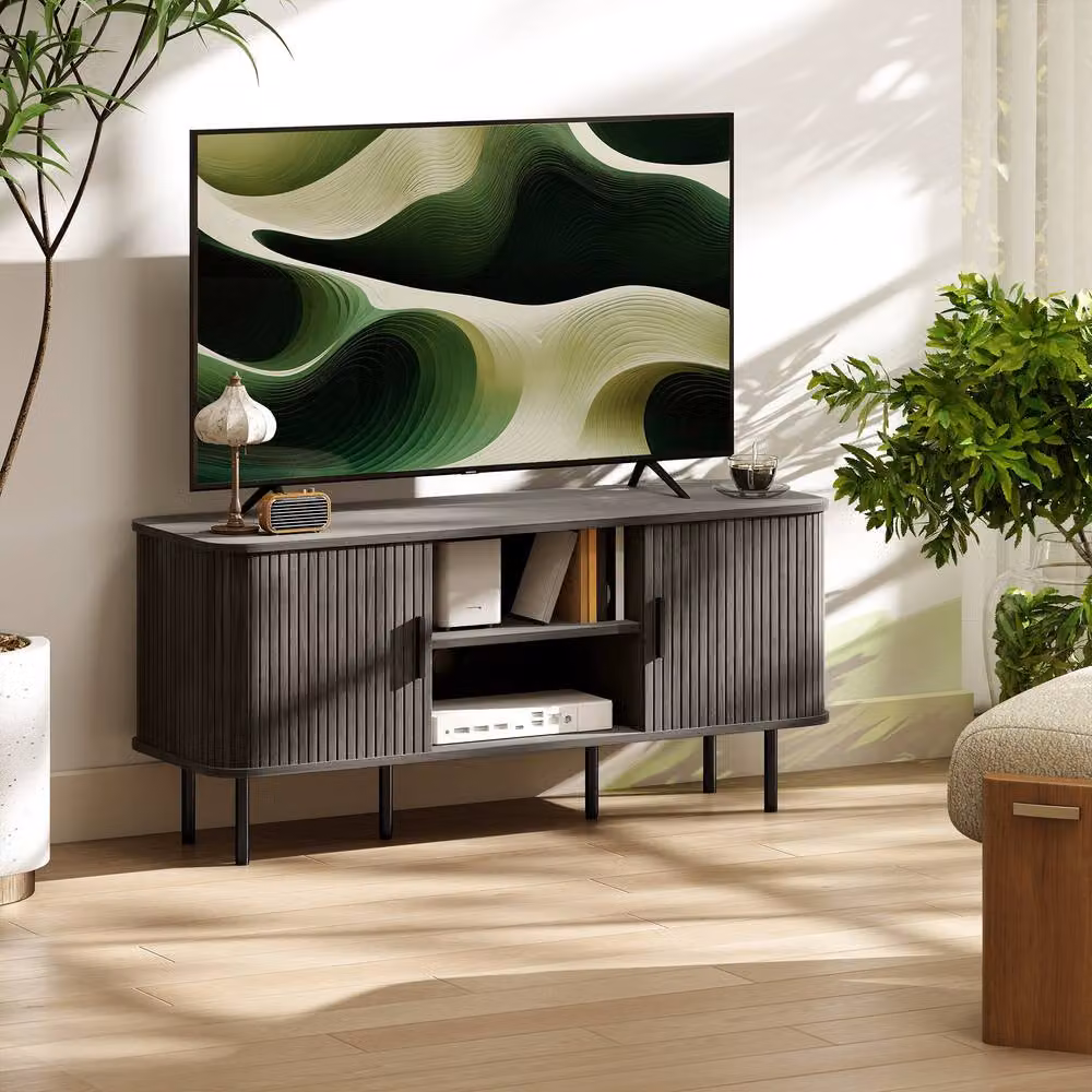STILVORA Mid-Century TV Stand with 2 Doors and Shelves in Matt Grey – 3