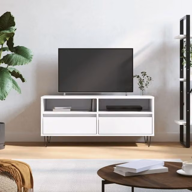 Berkfield Home Modern White TV Cabinet in Matt MDF and Metal, W: 100 cm, D: 34.5 cm, H: 44.5 cm