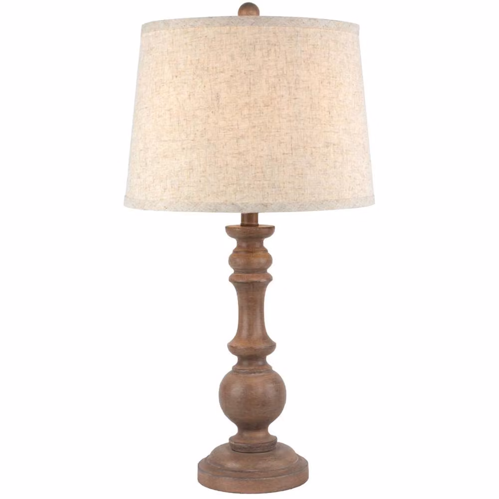 Wyld Haus Perouges Slim Wooden Style Pillar Table Lamp in Brown with Beige Fabric Shade, Diameter: 35 cm, Height: 21 cm – 2