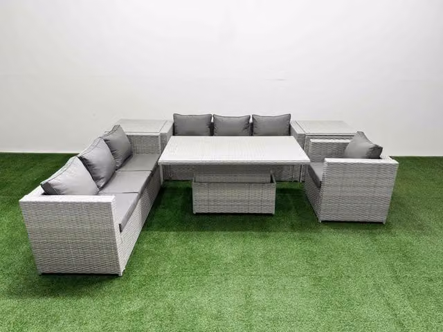 Fimous 6 Piece Rising Dining Table Set with 3 Seater Sofa in Light Grey Rattan and Metal