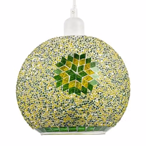 Happy Homewares Green and Yellow Mosaic Glass Artisanal Sphere Pendant Ceiling Light Shade
