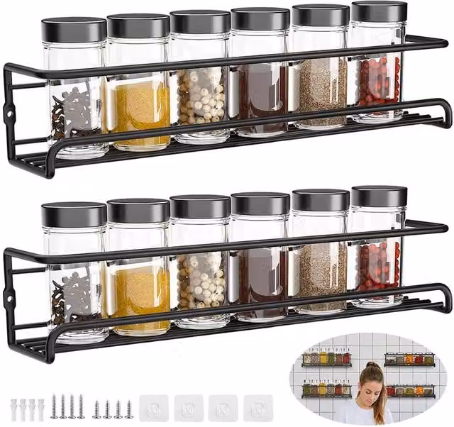 FLAVORA 2x Spice Herb Jar Rack Holder in Black Metal and Stainless Steel