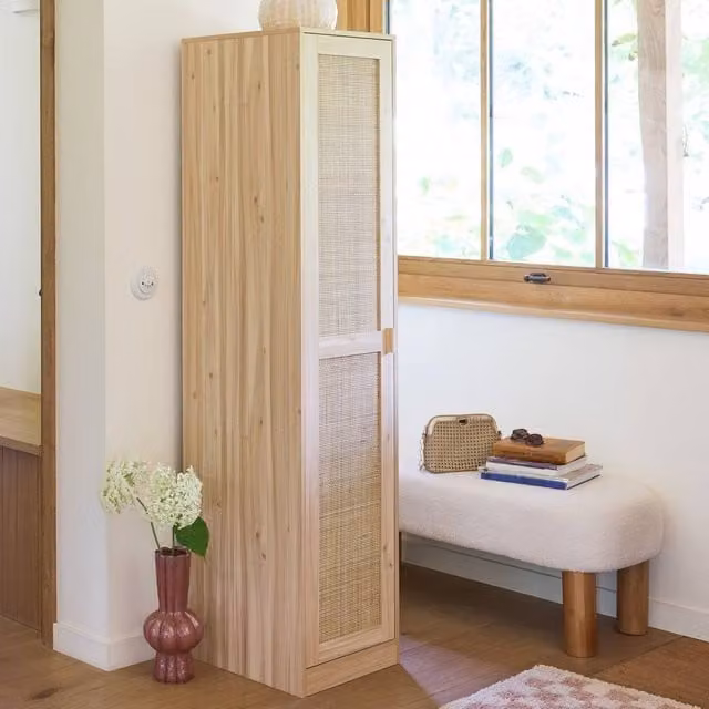 sweeek Scandinavian Wood Effect and Cane Dressing Cupboard in Beige, 1 Door and 5 Shelves, H 180 x W 48 x D 40 cm