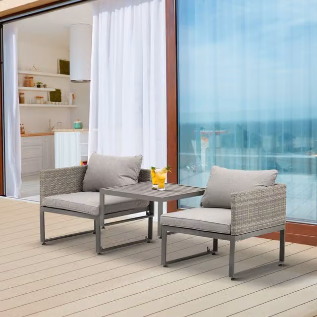 Outsunny 3 in 1 Grey Rattan and Metal Coffee Table Lounger
