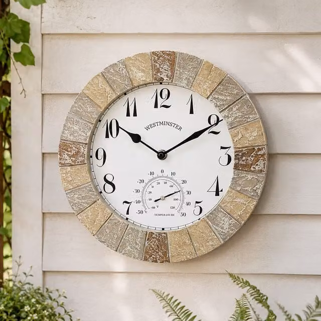 Marco Paul Westminster Stone Slates Round Analog Garden Clock and Thermometer, Diameter: 26 cm