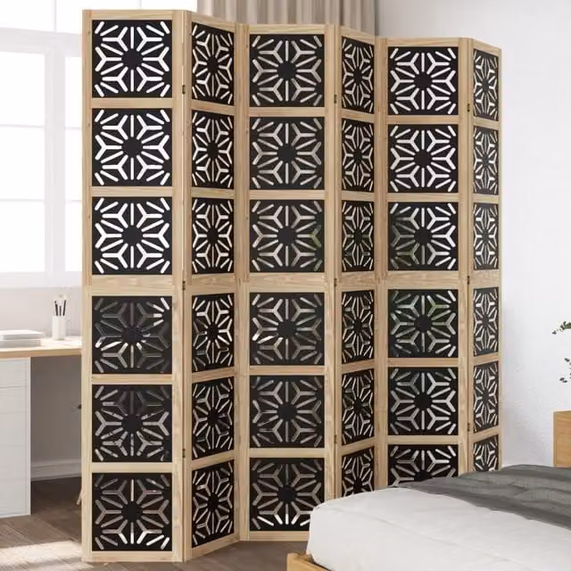 Berkfield Home 6-Panel Geometric Room Divider in Brown and Black Solid Paulownia Wood – 1