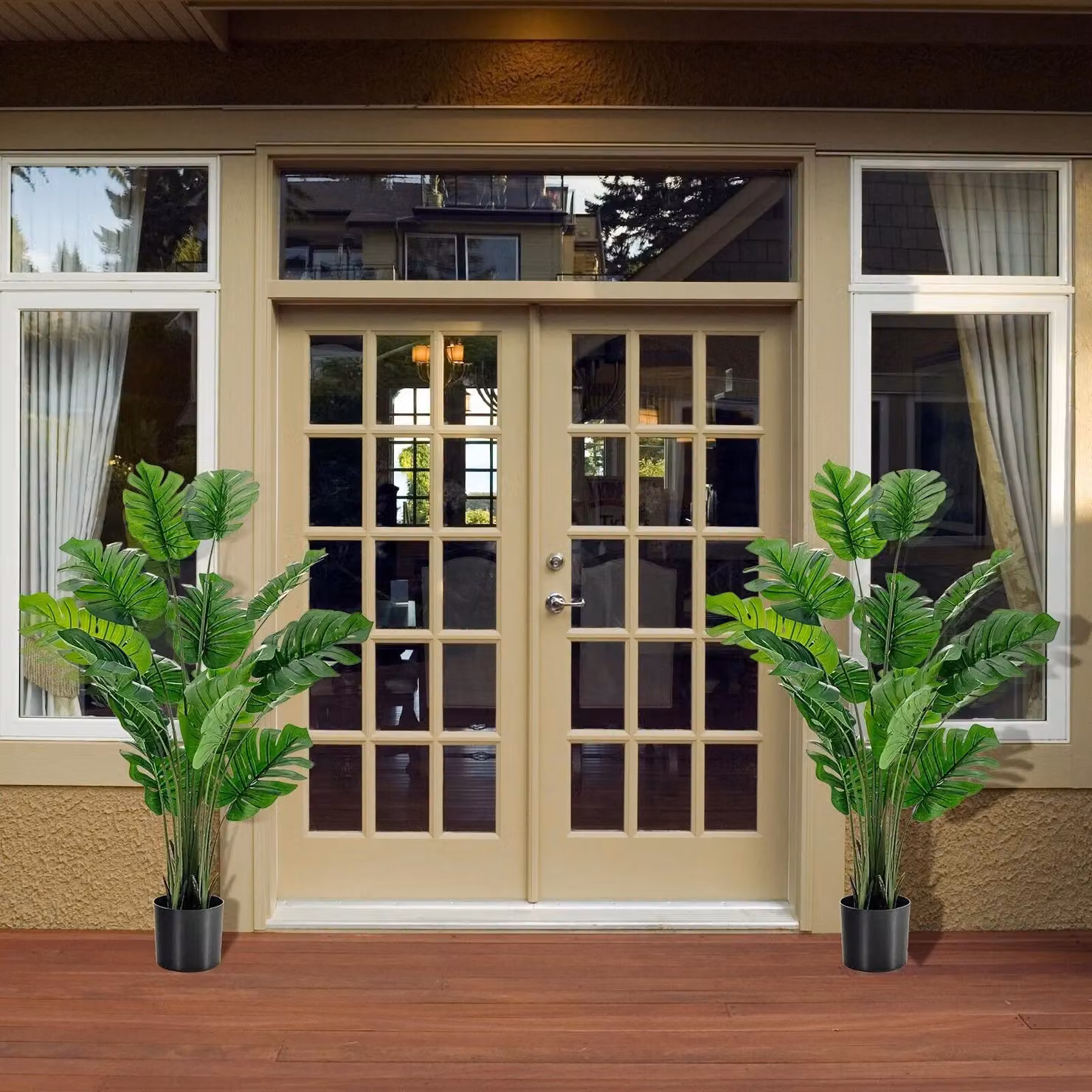 Costway Set of 2 Artificial Monstera Deliciosa Plants with Concrete Pots in Green – 2