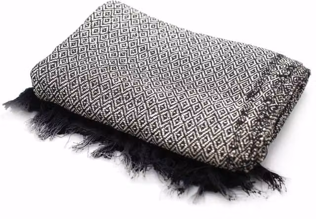 KDMK Boho Geometric Woven Cotton Throw with Fringes in Black, W/D/H: 150 x 125 x 125 cm