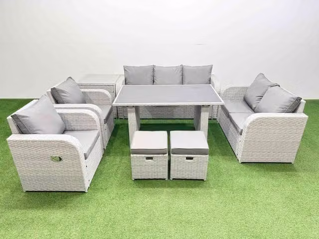 Fimous 9 Seater Modern Garden Furniture Set in Light Grey with 2 Small Stools and Side Table