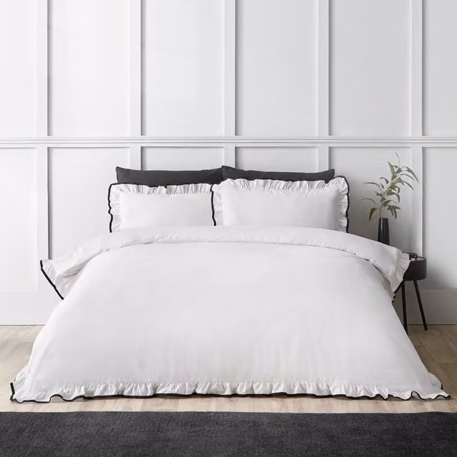 Catherine Lansfield So Soft Mono Frill Microfibre Duvet Cover and Pillowcase Set in White and Black