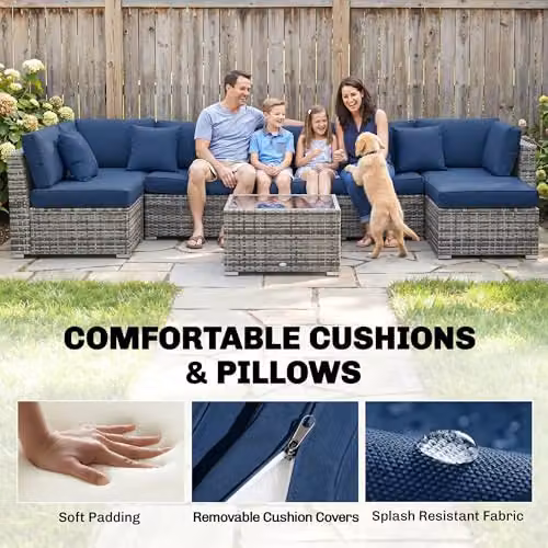 Outsunny 8 Piece L-Shape Rattan Garden Furniture Set with Blue Upholstered Cushions, Coffee Table and Ottoman – 9