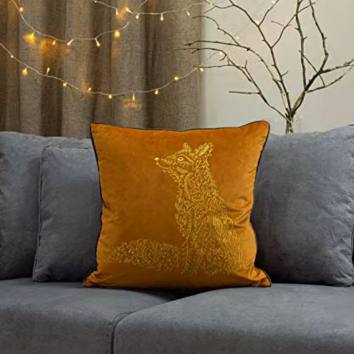 Furn Forest Fauna Embroidered Woodland Fox Velvet Cushion in Orange and Gold, W/D/H: 50 x 50 x 50 cm – 4