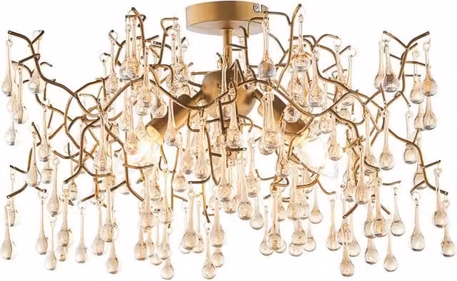 Loops Aged Gold Semi Flush Ceiling Light with Transparent Glass Droplets, 3 Bulb
