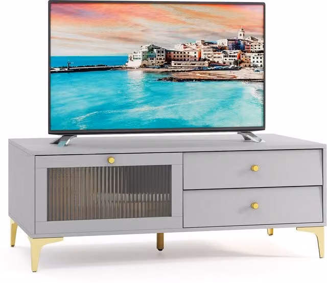 Costway Modern Grey TV Console Cabinet with Metal and Glass Compartments