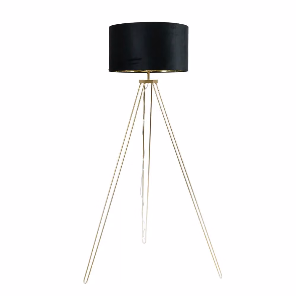 ValueLights Aero Gold Tripod Floor Lamp with Black Velvet Drum Shade and Warm White Bulb – 2