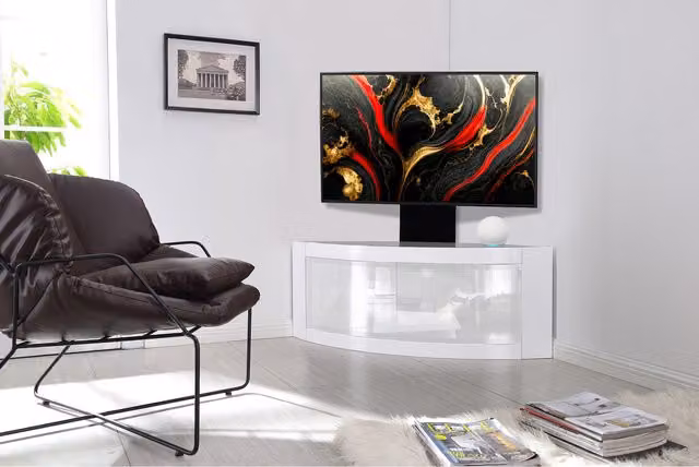 Pangea Minimalist Glossy Corner TV Stand with Mounting Arm in White and Black