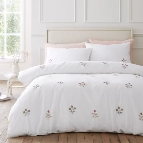 Bianca Adeline Floral Embroidered 200 Thread Count Cotton Percale Single Duvet Cover Set, White, Duvet Cover: 135 x 200 cm, Pillowcase: 50 x 75 cm