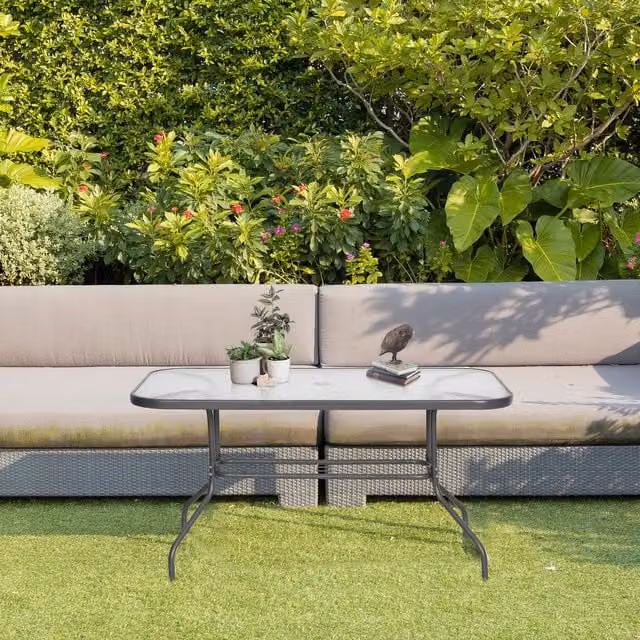 Outsunny Glass Top Garden Dining Table with Metal Frame and Parasol Hole, Carbon Grey, W: 80 cm, D: 140 cm, H: 70 cm