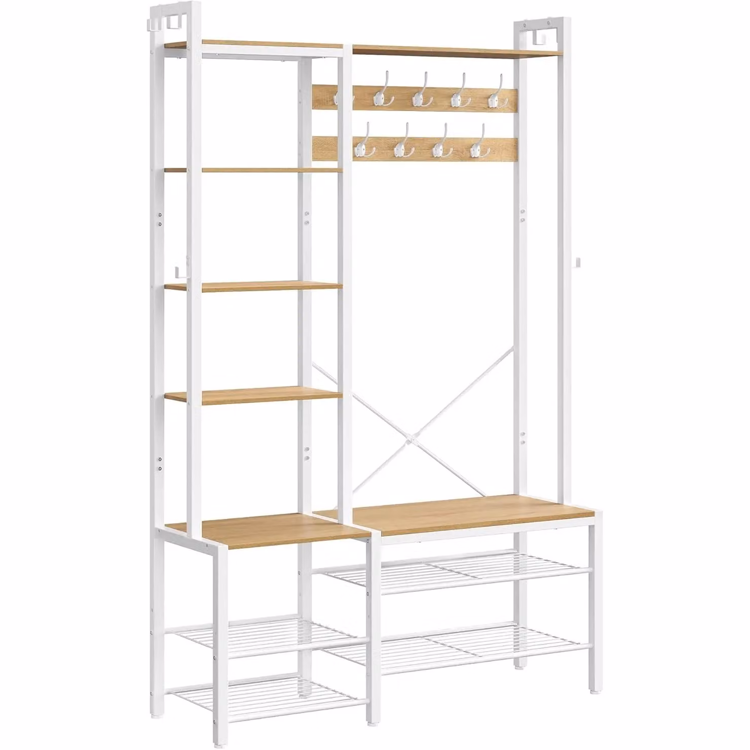 VASAGLE Hall Tree with Bench and Shoe Storage in White, H 190 x W 120 x D 33 cm – 2