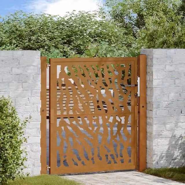 Berkfield Home Garden Gate in Brown Weathering Steel with Trace Design W/H: 105 x 105 cm