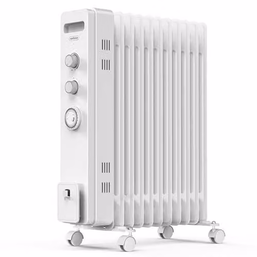 VonHaus 2500W Oil Filled Radiator, 11 Fin Portable Electric Freestanding Heater in White with 24 Hour Timer and Overheat Protection