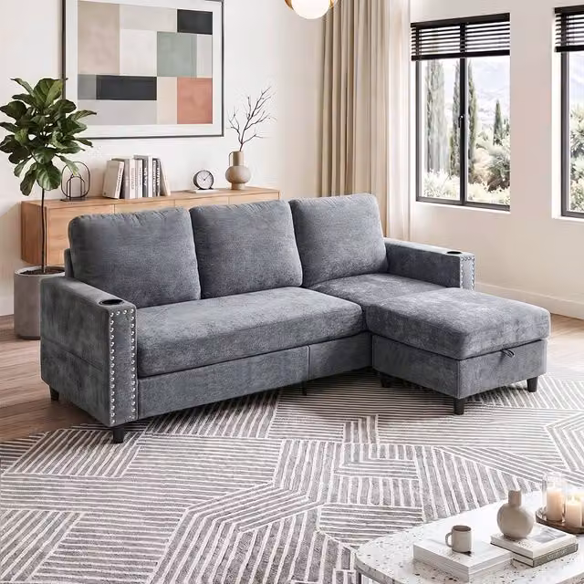 Livingandhome Reversible L-Shaped 3-Seater Sectional Sofa with Matching Ottoman and Cup Holders in Grey Chenille Fabric
