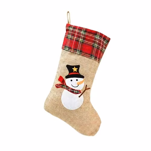 Shatchi Brown Snowman Christmas Stocking, Rustic Burlap Hessian Hanging Sack, W/H: 26 x 25 cm