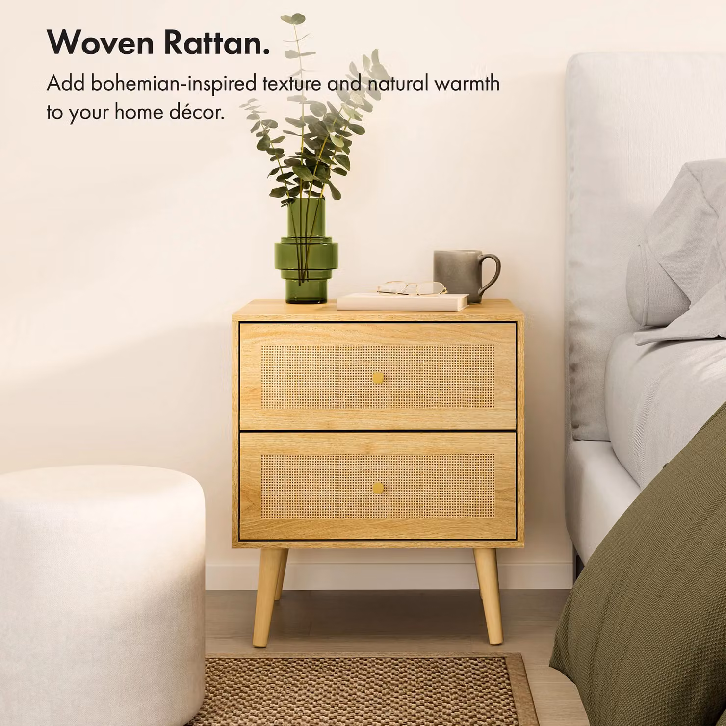 VonHaus Sienna Set of 2 Rattan Fronted Bedside Tables in Brown and Gold, W/D/H: 40 x 40 x 57 cm – 2