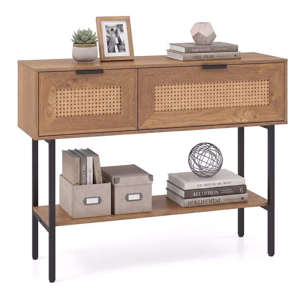 Costway Boho Rattan Console Table with Flip Doors and Open Shelf in Natural Beige – 2
