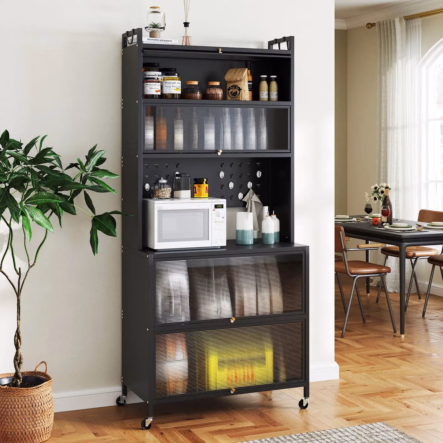 Costway 6-Tier Kitchen Pantry Cabinet Buffet with Hutch and Hooks in Black – 4