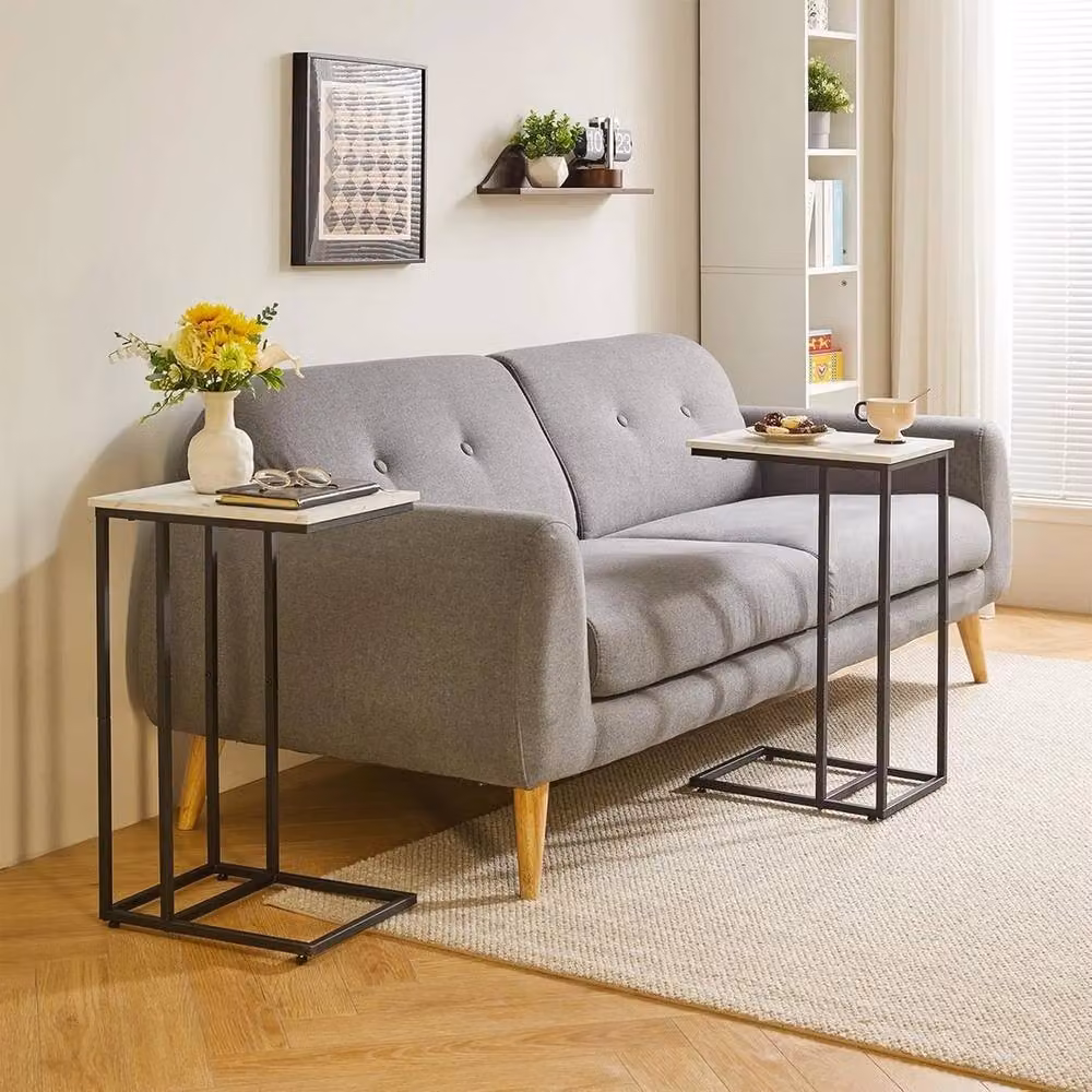 VOGREX C-Shaped Faux Marble End Table with Black Metal Frame in White – 3