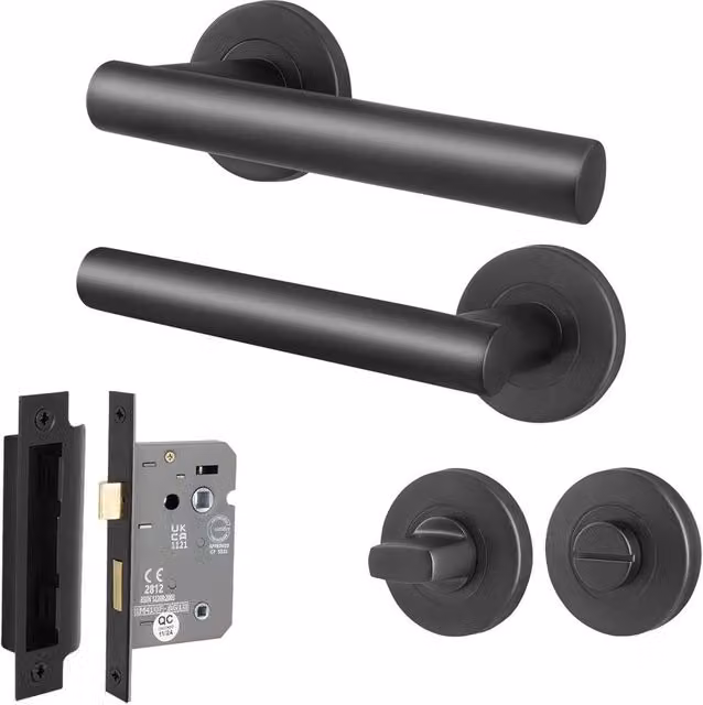 AFIT Matt Black T-Bar Lever Rose Bathroom Lock Door Handle Kit in Stainless Steel, W/D/H: 15 x 15 x 1.5 cm – 1