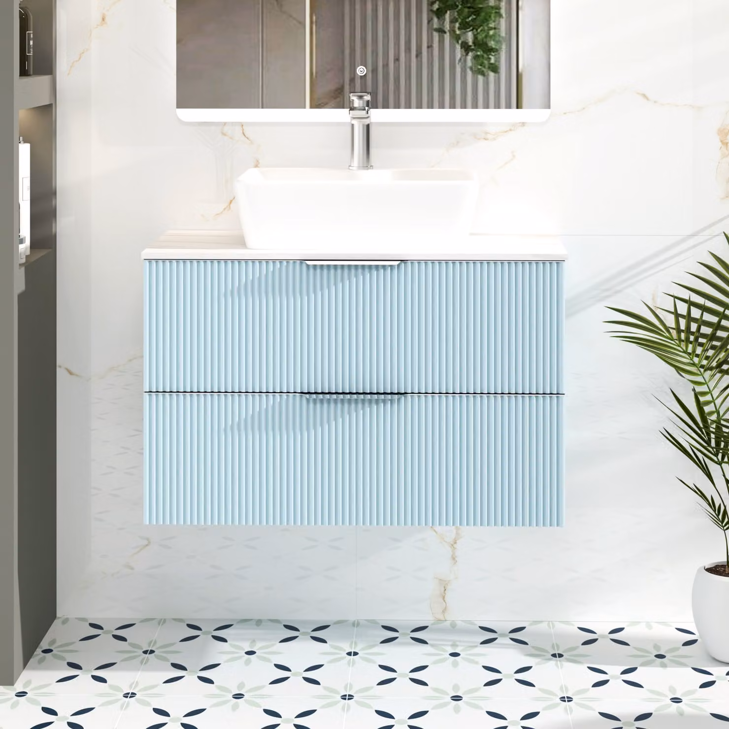 Royal Bathrooms Evora 800mm Powder Blue Fluted Wall Hung Vanity Unit with 2 Drawers and Countertop Basin