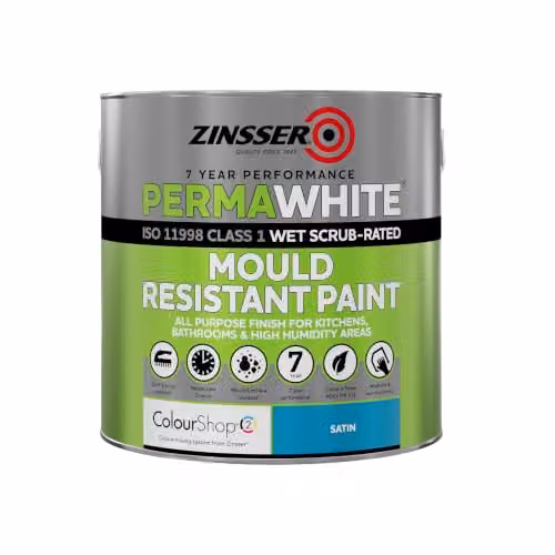 Zinsser Perma-White Satin Mould Resistant Water-Based Interior Paint, White, 2.5 l – 3